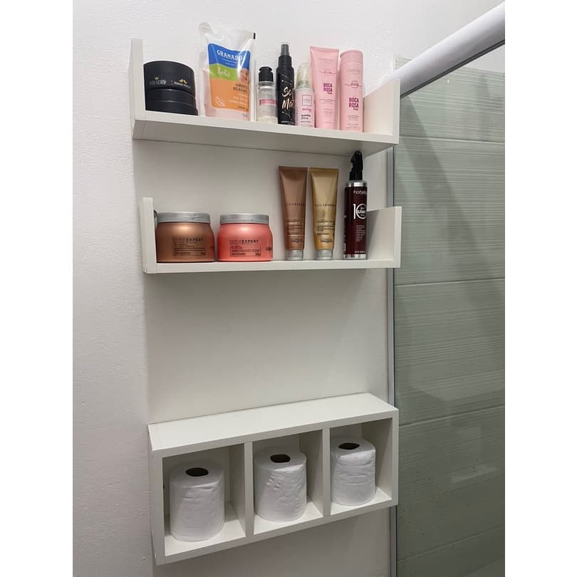 Kit 2 Prateleiras + 1 Nicho Colmeia Para Decoração De Banheiro Mdf Branco Tx