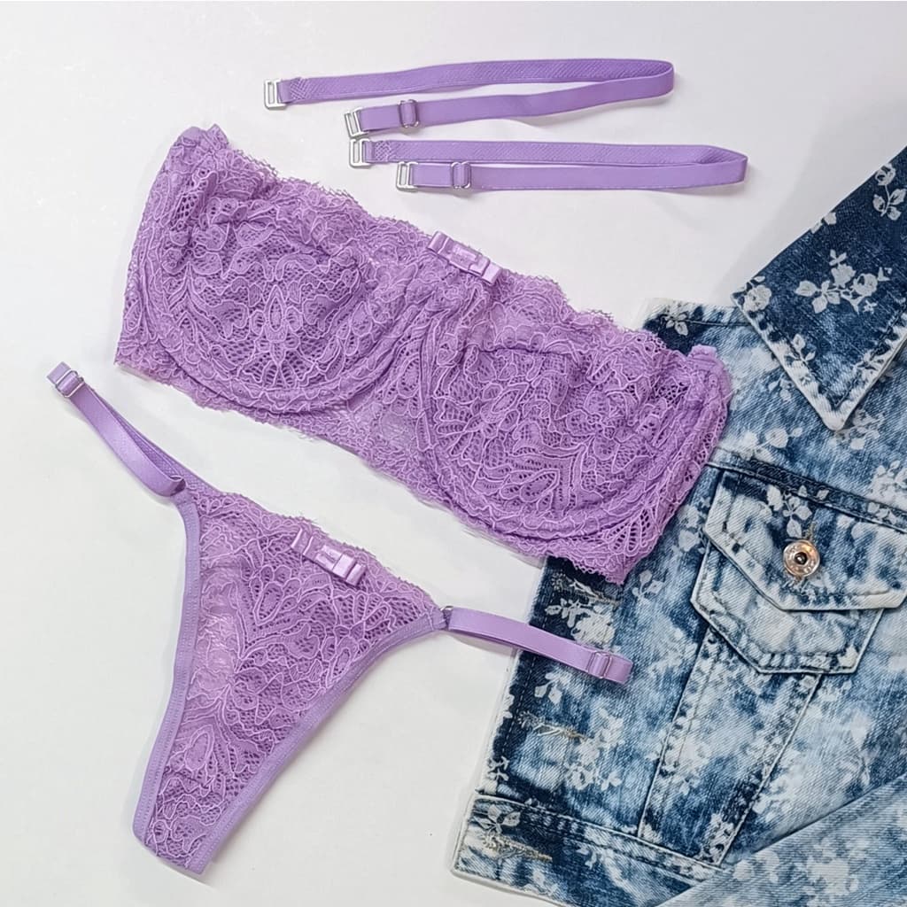 Conjunto Nara alça removível Ref.618 Sem bojo em renda com aro com forro tomara que caia