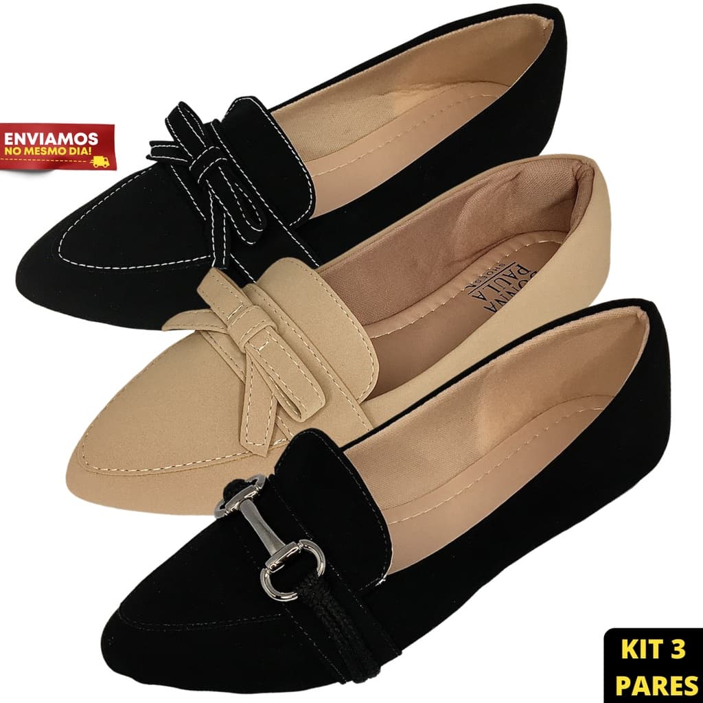 Kit Sapatilha Feminina 3 Pares Bico Fino Mocassim Feminino Rasteirinha Casual Sapato Feminino Social Moda Confortável