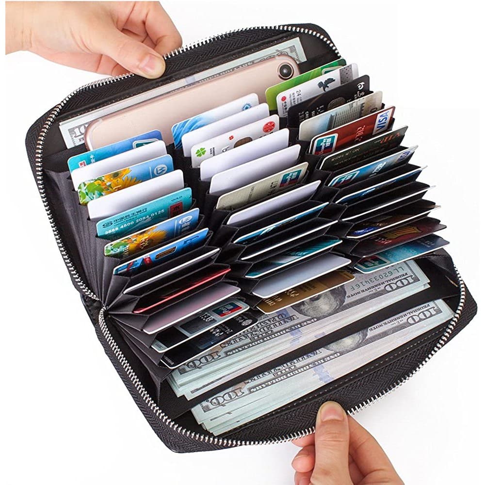 Carteira Couro Legítimo Feminina Grande Zíper Longa, Bolsa De Mão Vários Compartimentos para Cartão Celular