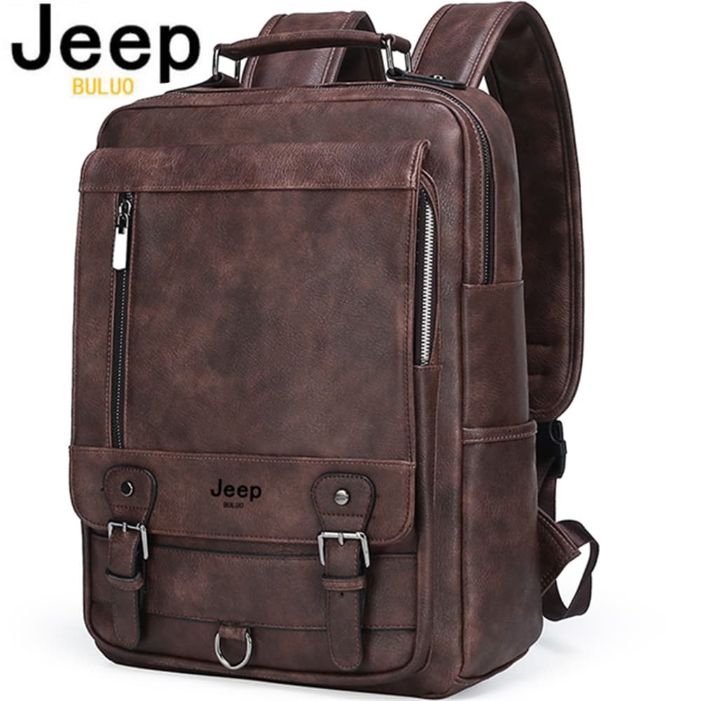 JEEP BULUO Mochila Moda Masculina De Couro 15.6 " Bolsa Para Laptop Diurna Grande Capacidade Viagem Faculdade Escolar