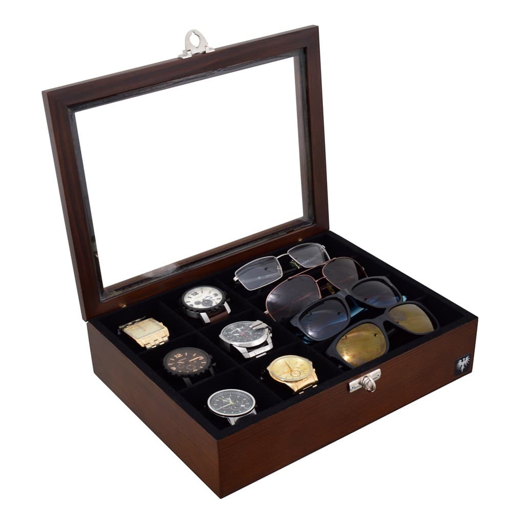Porta 6 Relógios e 4 Óculos Total Luxo Estojo Madeira Maciça