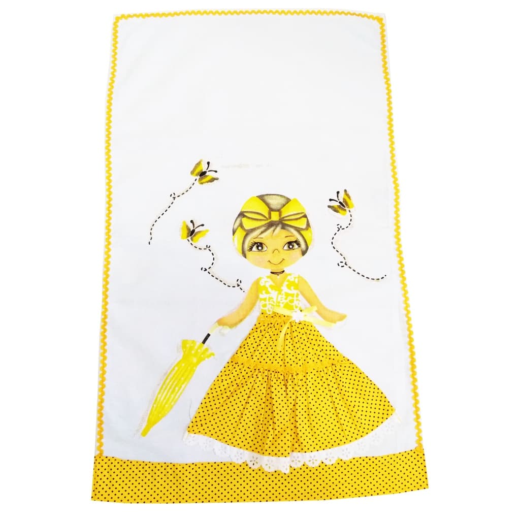 Pano de Prato de Boneca com Saia de Tecido Amarela, Barrado em tecido e Caseado em Sianinha.