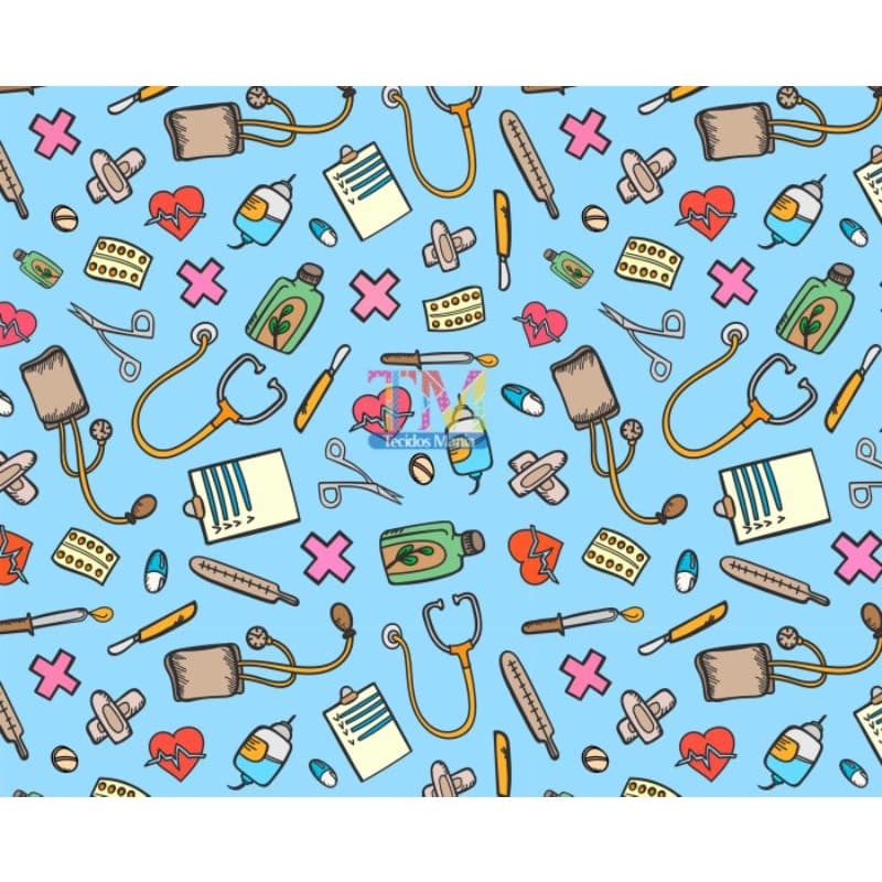 Tecido tricoline, microfibra ou gabardine estampado - Enfermagem - fundo azul - 0.50 cm