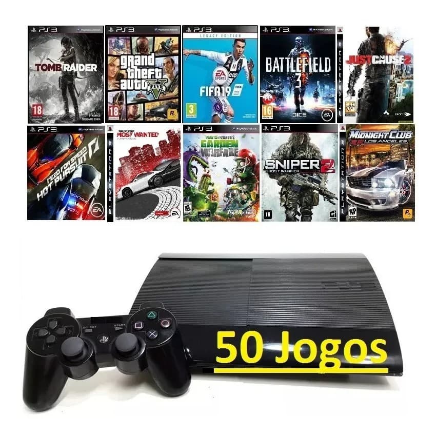 Playstation 3 Ps3 Super Slim + 50 Jogos + 2 Controles