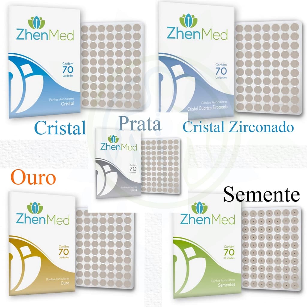 Kit Acupuntura Auricoloterapia Zhenmed Placa 70 Pontos Semente / Cristal /Ouro / Prata