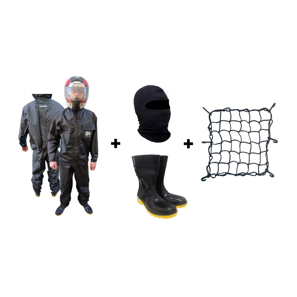 Capa De Chuva - Conjunto Calça Jaqueta Impermeavel Luxo Pvc Com Bolso - Moto / Motoboy / Motoqueiro + Bota Borracha + Touca Ninja + Rede Elastica