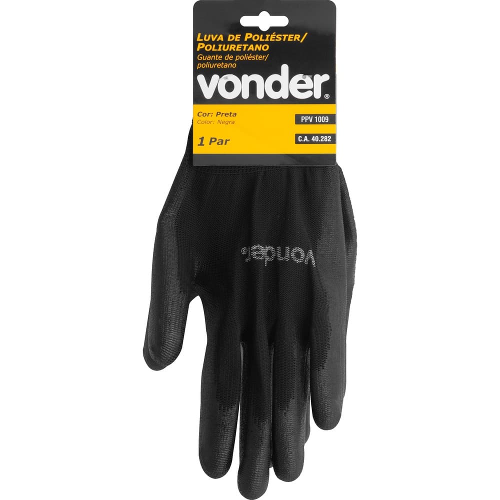Luva de proteção poliéster com poliuretano, preta, tamanhos 8, 9 ou 10, P, M ou G, Vonder.