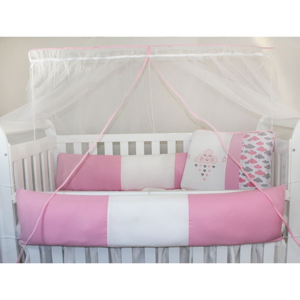 Kit Protetor de Berço Kids com Mosquiteiro Comum 7 peças Chuva de Bênção Rosa