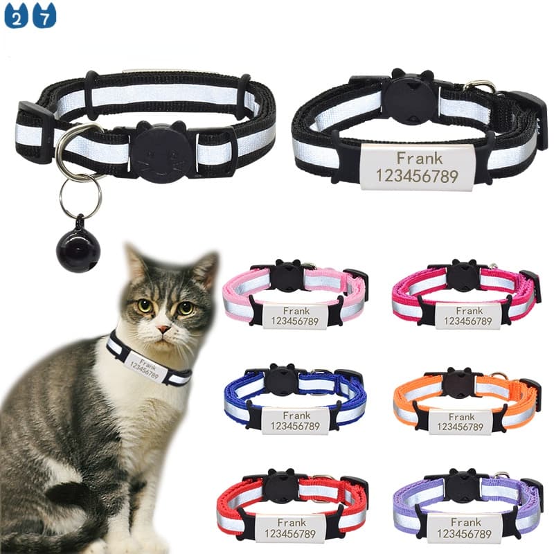 (27Pets) Nome ID Personalizado Tag Reflexivo Coleira Gato Sino Segurança Nylon Gravado Colar Do Da Placa De