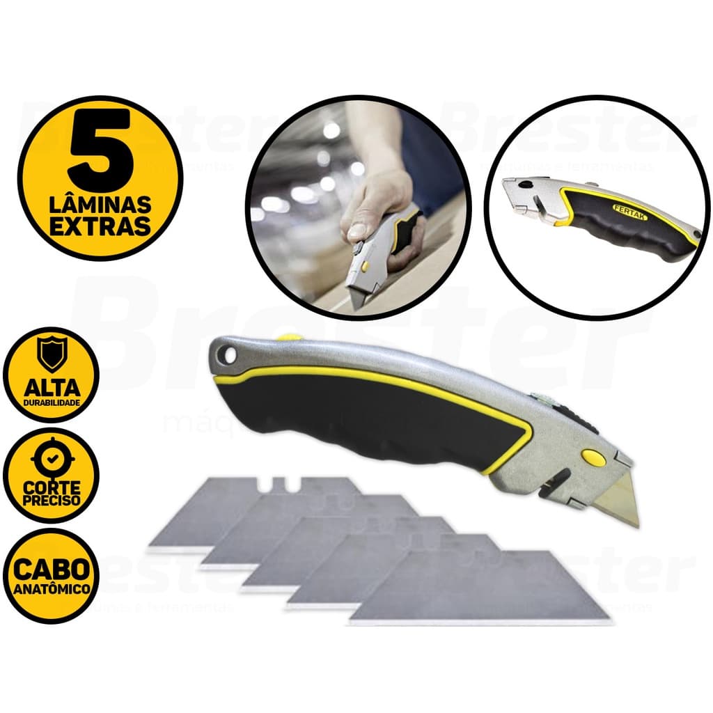 Estilete Metal Emborrachado Trapezoidal 18mm Com 5 Lâminas Fertak 4205