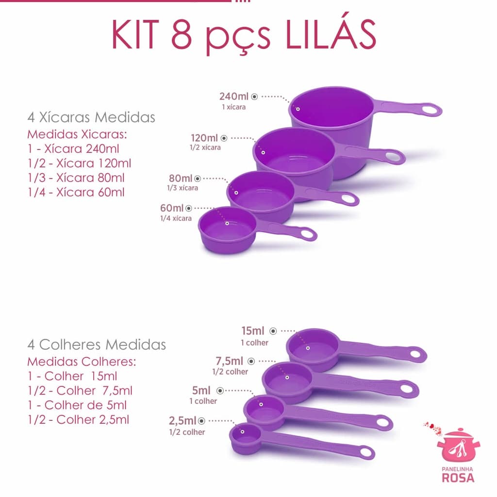 conjunto de Medidores xicaras e colheres lilás  - 8 peças
