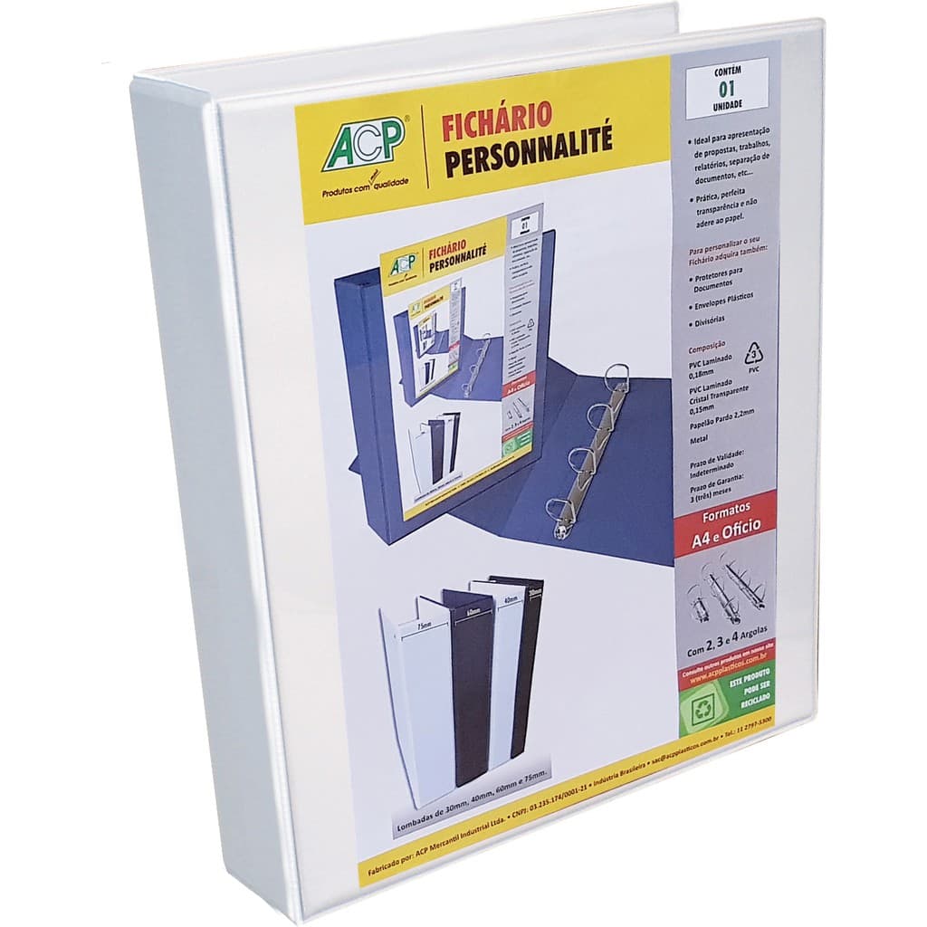 Fichário Personalizável Branco A4 c/4 argolas (25,5x31,5x4 cm)