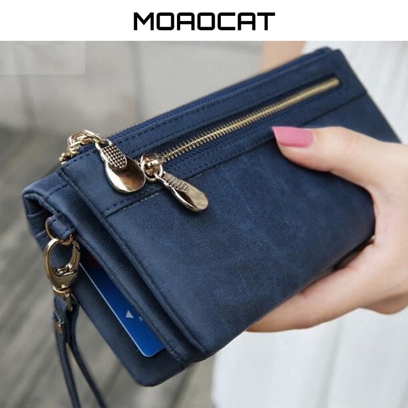 Carteira Feminina De Grande Capacidade Estilo Longo Tédio Polônia PU De Couro Com Zíper Duplo Bolsa De Moedas Capa De Pulso
