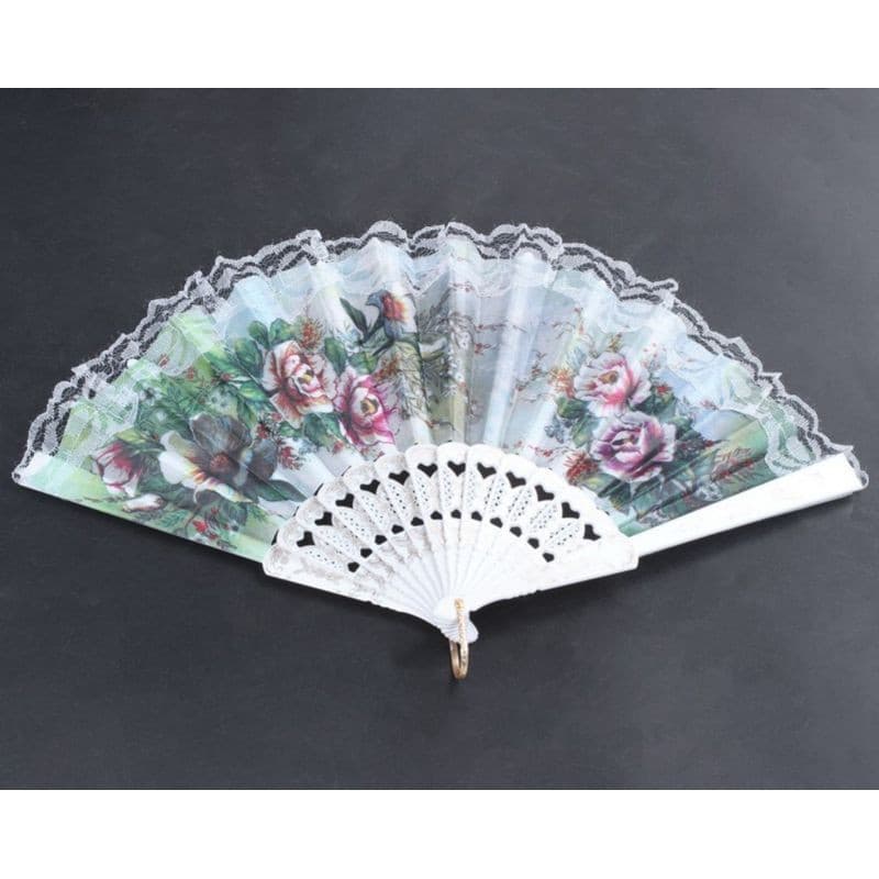 Leque Espanhol Tecido Floral com Renda/ Branco e Preto