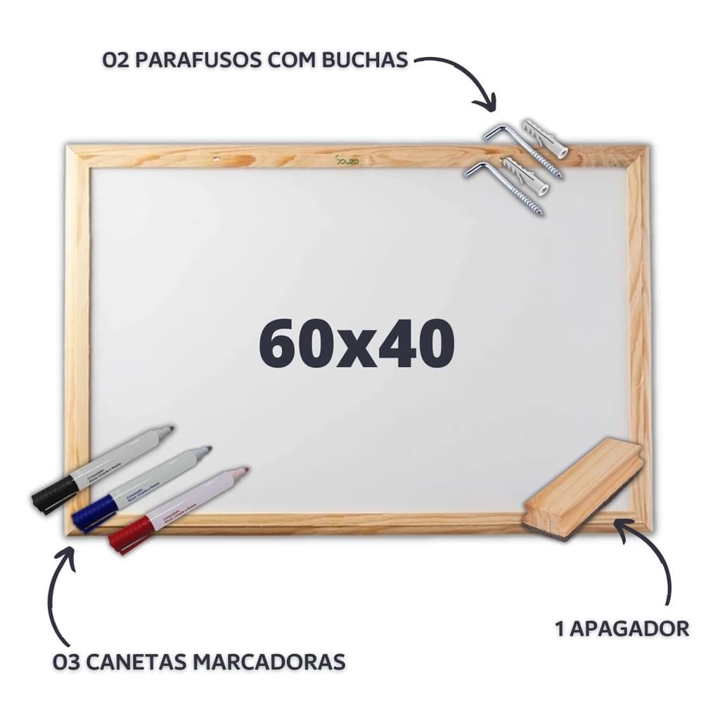 Lousa Quadro Branco Moldura Madeira 60x40 Apagador 3 Canetas