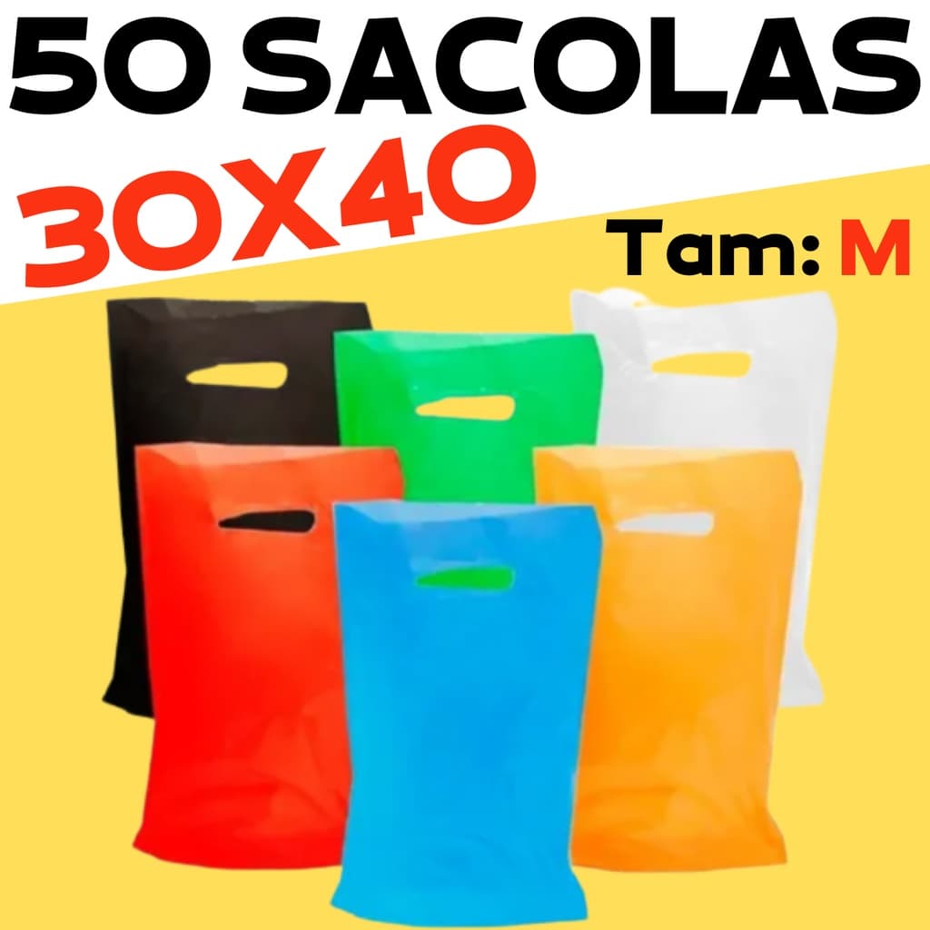 Sacolas Plástica Alça Vazada Boca de Palhaço 30x40 Várias Cores Tamanho M 50UN