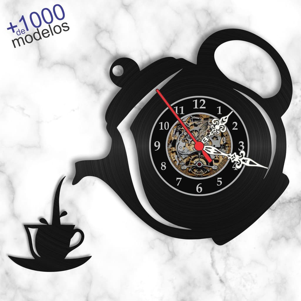 Relógio Parede Disco de Vinil LP ilustrado  Xícara e Bule Cozinha Dia Mães Casamento Natal Promoção