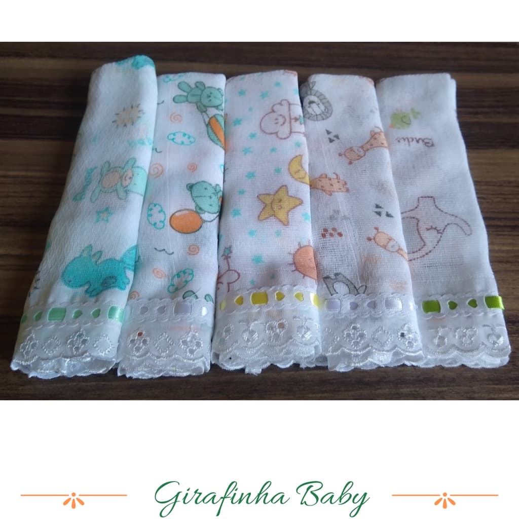 Kit 5 fraldinhas de boca estampadas babete paninho fralda toalhinha neutra menino e menina
