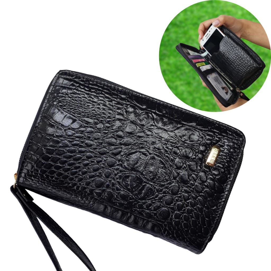 Carteira Feminina Porta Celular documentos cartão CNH RG Preta com zíper Alça de Couro Legítimo