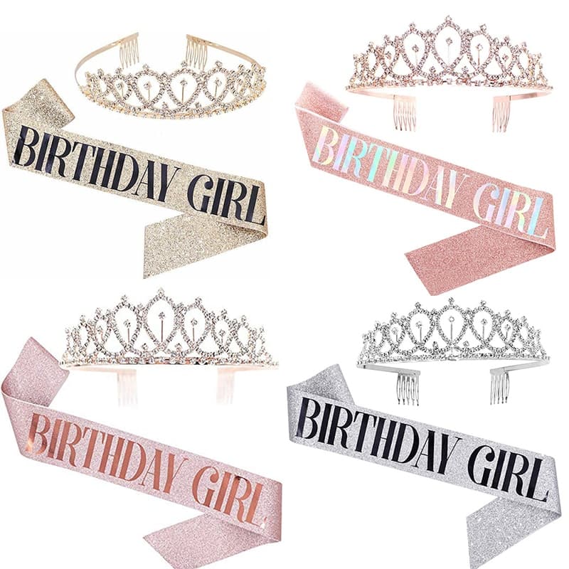 2 Pçs/Set Cinto De Ombro Feliz Aniversário De Glitter Cetim Sash Mermaid Birthday Girl Fitas E Coroa Fontes Do Partido