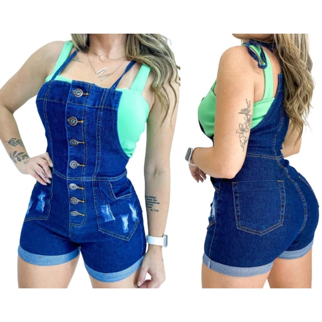 Jardineira Jeans Rasgada Feminina Blogueira Gringa 2022 no Estilo