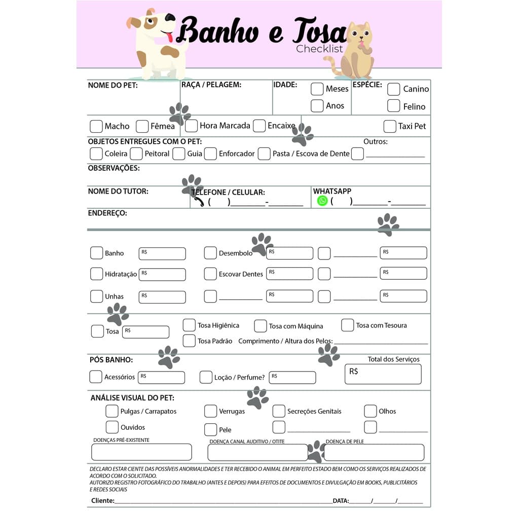 Bloco com 100 Folhas Ficha Anamnese Checklist Banho E Tosa / Petshop