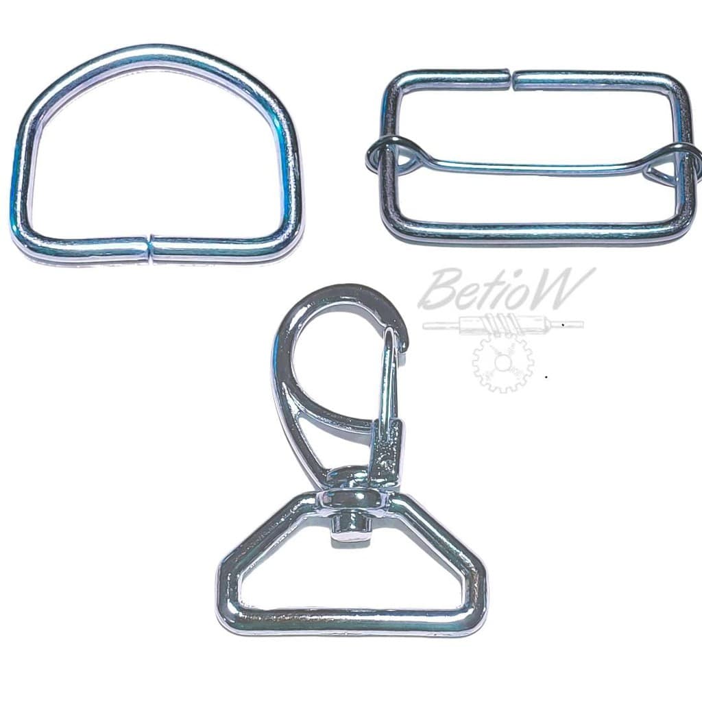 Kit Niquelado 02 Mosquetão para Bolsa 20 mm + 02 Meia Argola para Bolsa 20 mm + 01 Regulador para Bolsa 20 mm