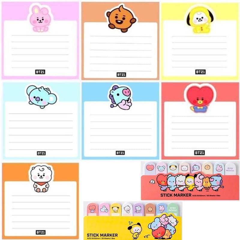 8 Estilos KPOP BTS BT21 Memo Pad Bonito Dos Desenhos Animados Adesivos Decalque Sticky Notepad Scrapbooking Diy Kawaii Diário CHIMMY COOKY KOYA MANG RJ SHOOKY TATA