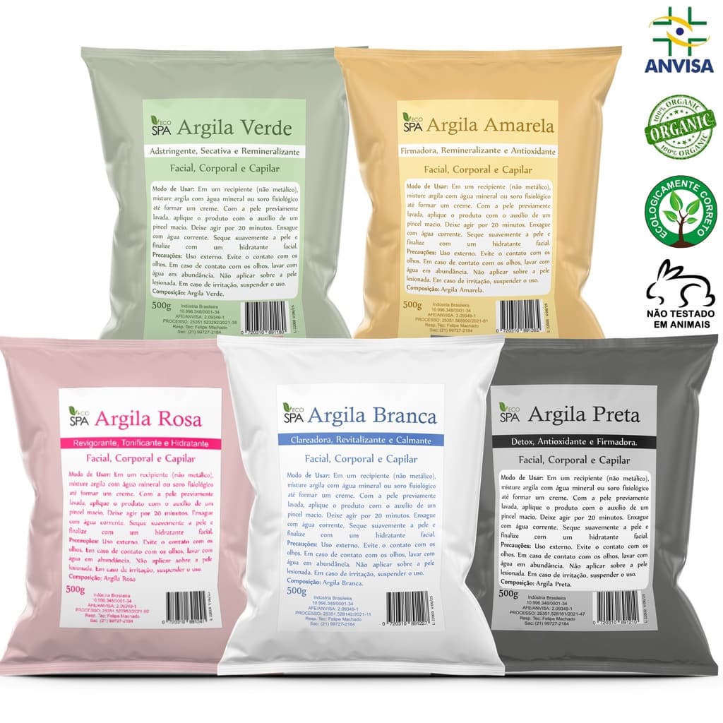 Argila Verde, Preta, Rosa, Branca, Amarela, Mascara Facial - Capilar 500g