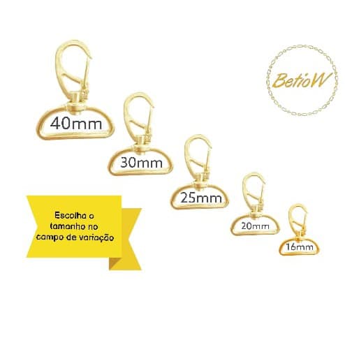 Mosquetão Dourado (10und) - Tamanhos: 16, 20, 25, 30 e 40mm (Escolha no campo de variação)