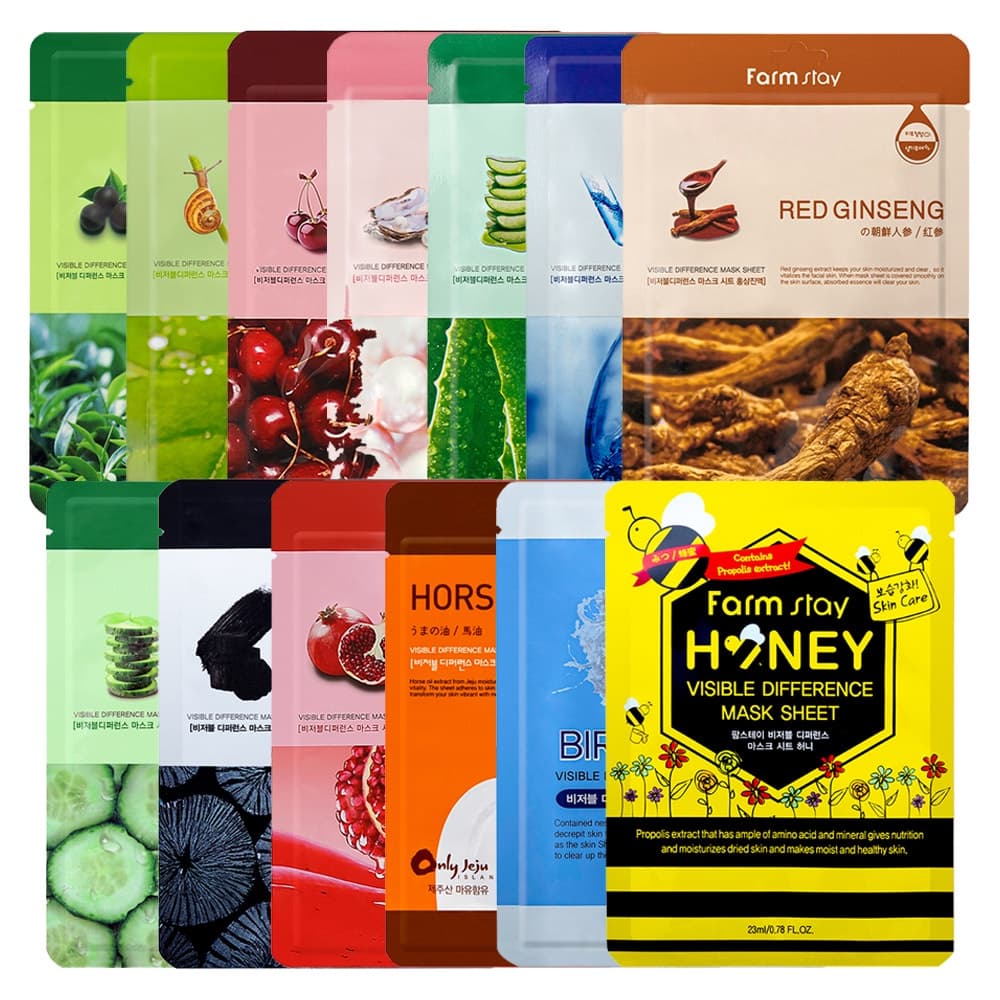 Folha De Máscara De Diferença Visível FARMSTAY-13 Tipos ★ 1 Facial Por Dia Pacote Vitalidade/Chá Verde/Caracol/aloe Colágeno/Pérola/Pepino/ginseng Vermelho