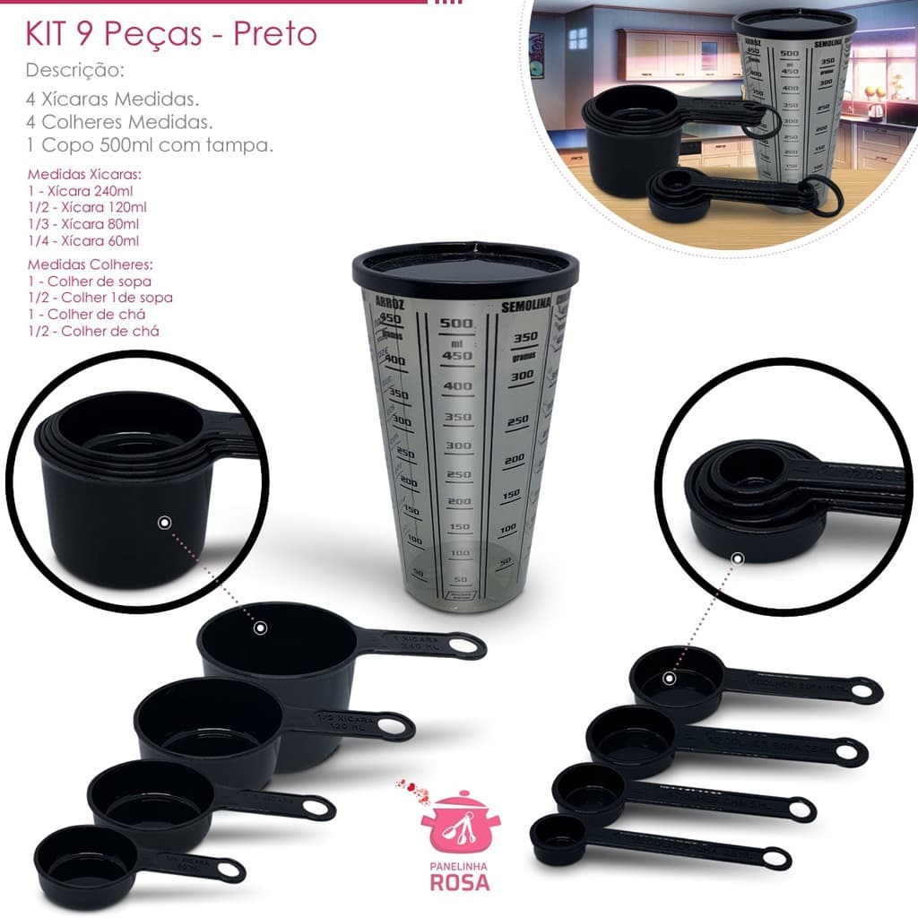 kit medidores 9 peças varejo e atacado copo de 500 ml com tampa xicara e colheres preta no atacado casa cozinha.