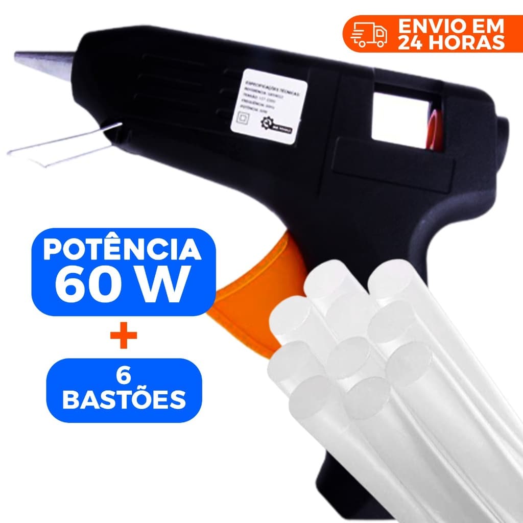 Pistola de Cola Quente 60W Profissional Bivolt (110v e 220v) + 6 Refis De Cola 11mm