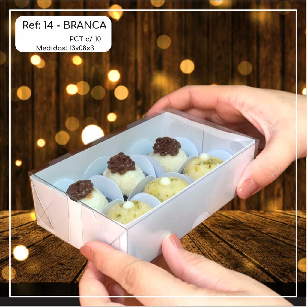 10~50 Caixas Embalagem 6 Doces Com Visor em  Acetato BRANCA 13x8x3 - Ref. 14 ( Chocobraz )//