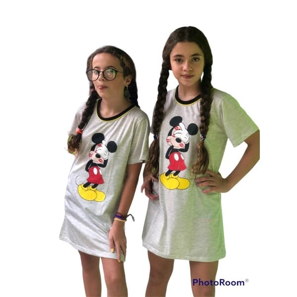 Camisola infantil meia manga feminina temática Mickey de malha algodão verão