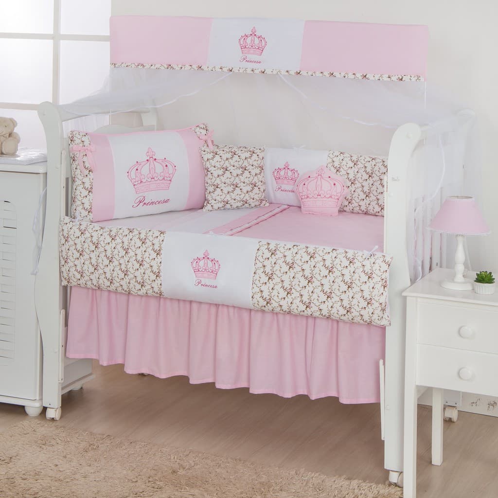 Kit Protetor de Berço Coroa Imperial com 12 peças incluindo Saia Menina Menino