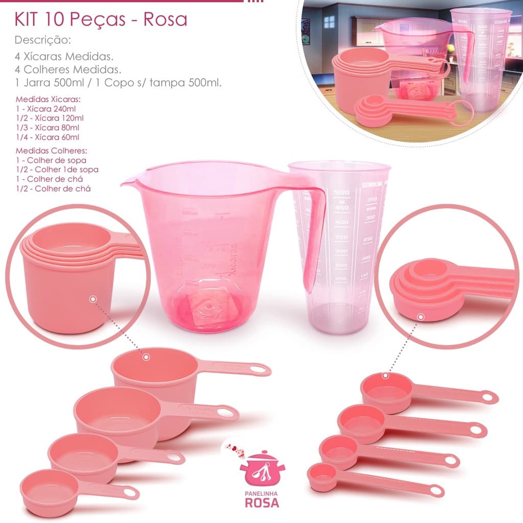 kit medidores 10 peças jarra de 500 ml copo de 500 ml xicara e colher  na cor rosa