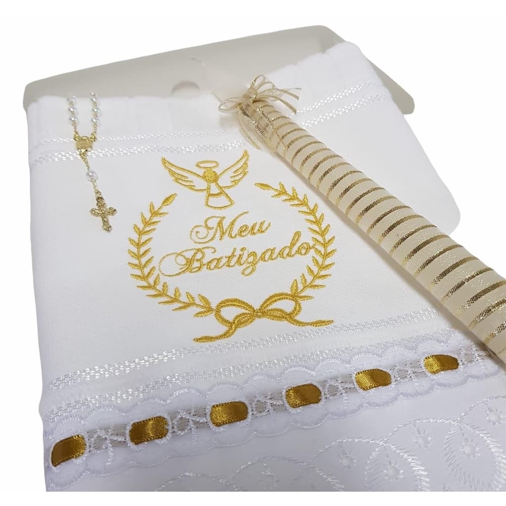 Kit Toalha Para Batizado Batismo Bebê Bordado Ramo + Vela + Terço Diversas Cores
