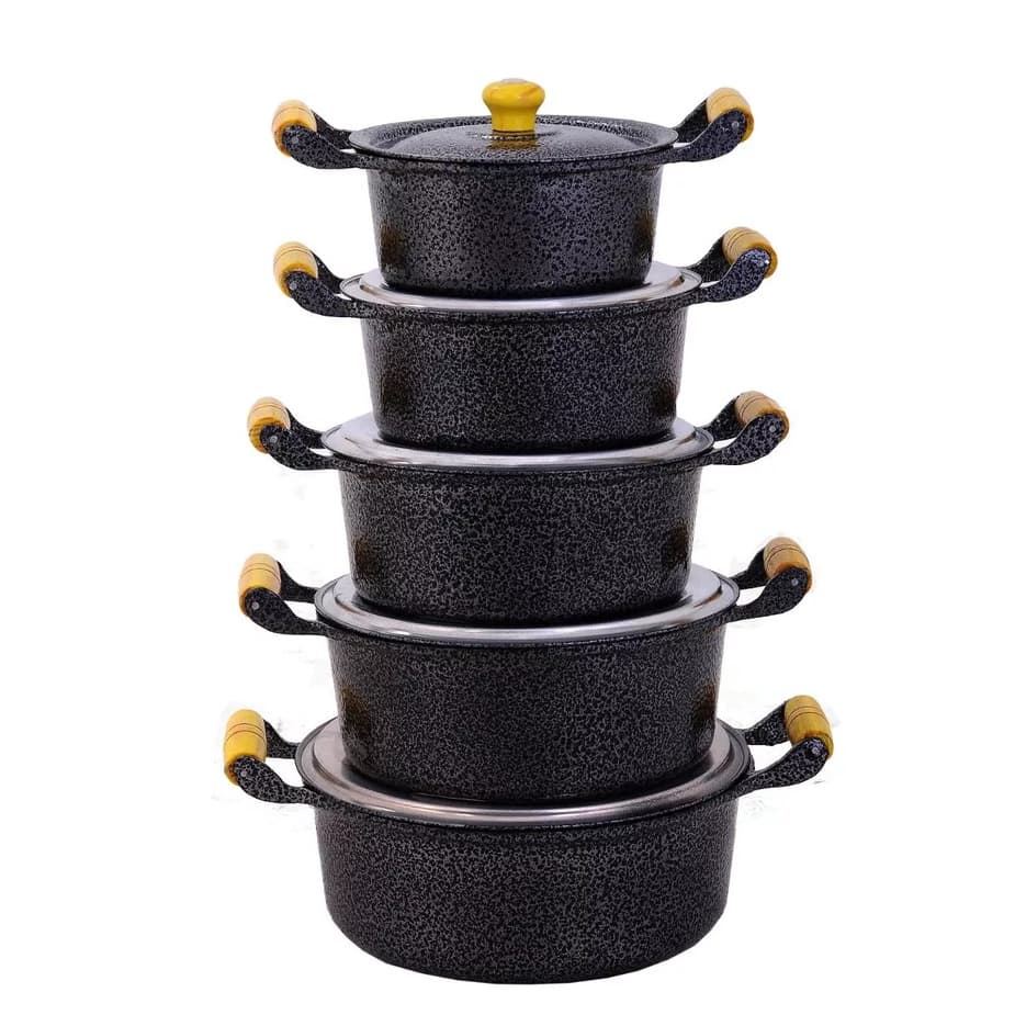 Jogo de Panelas Alumínio Batido Preta Com Tampa e Pegadores de Madeira