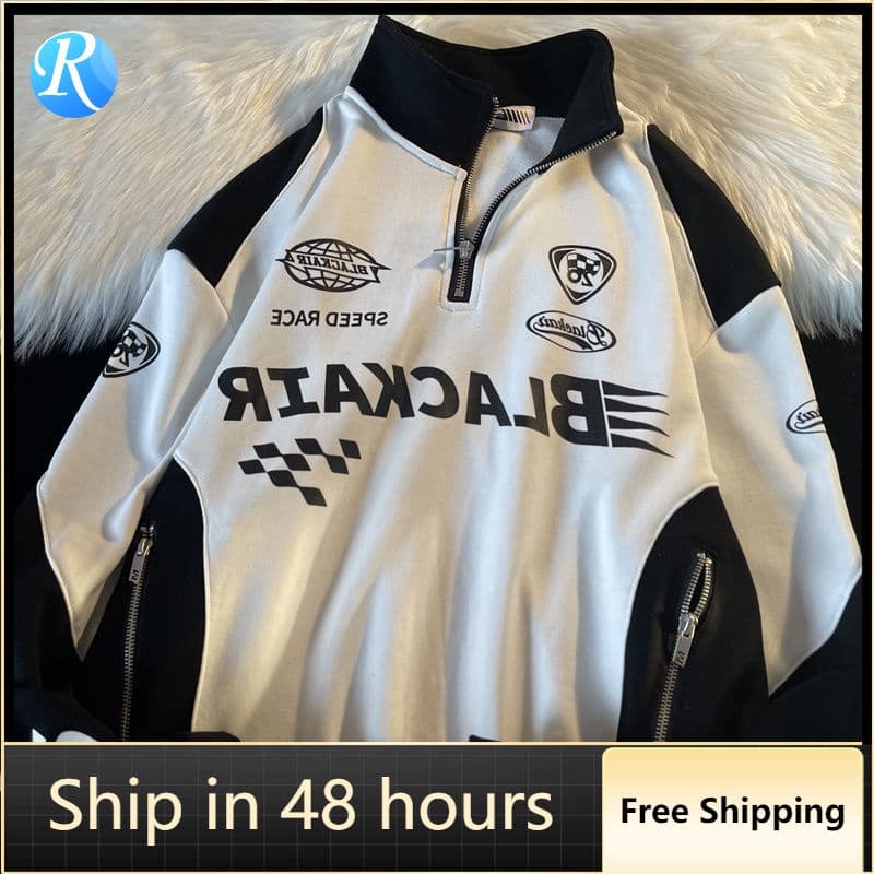 Camisola De Costura Americana Retro Meio Zíper High Street Racing Suit Primavera E Outono Hip-hop Vintage Couple Sweater