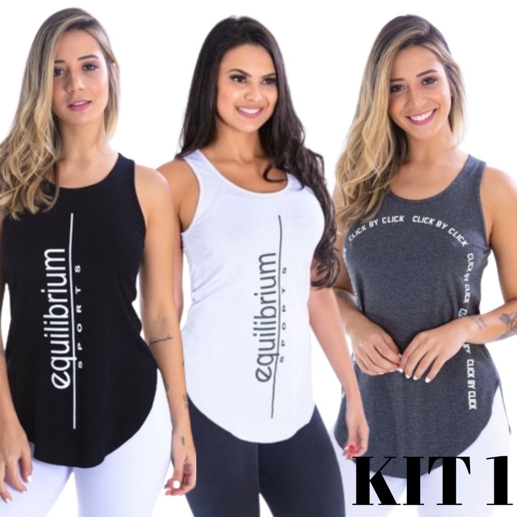 kit com  3 Camisetas Regatas Blusas Femininas Viscolycra Fitness Atleta Academia Casual Clickmoda