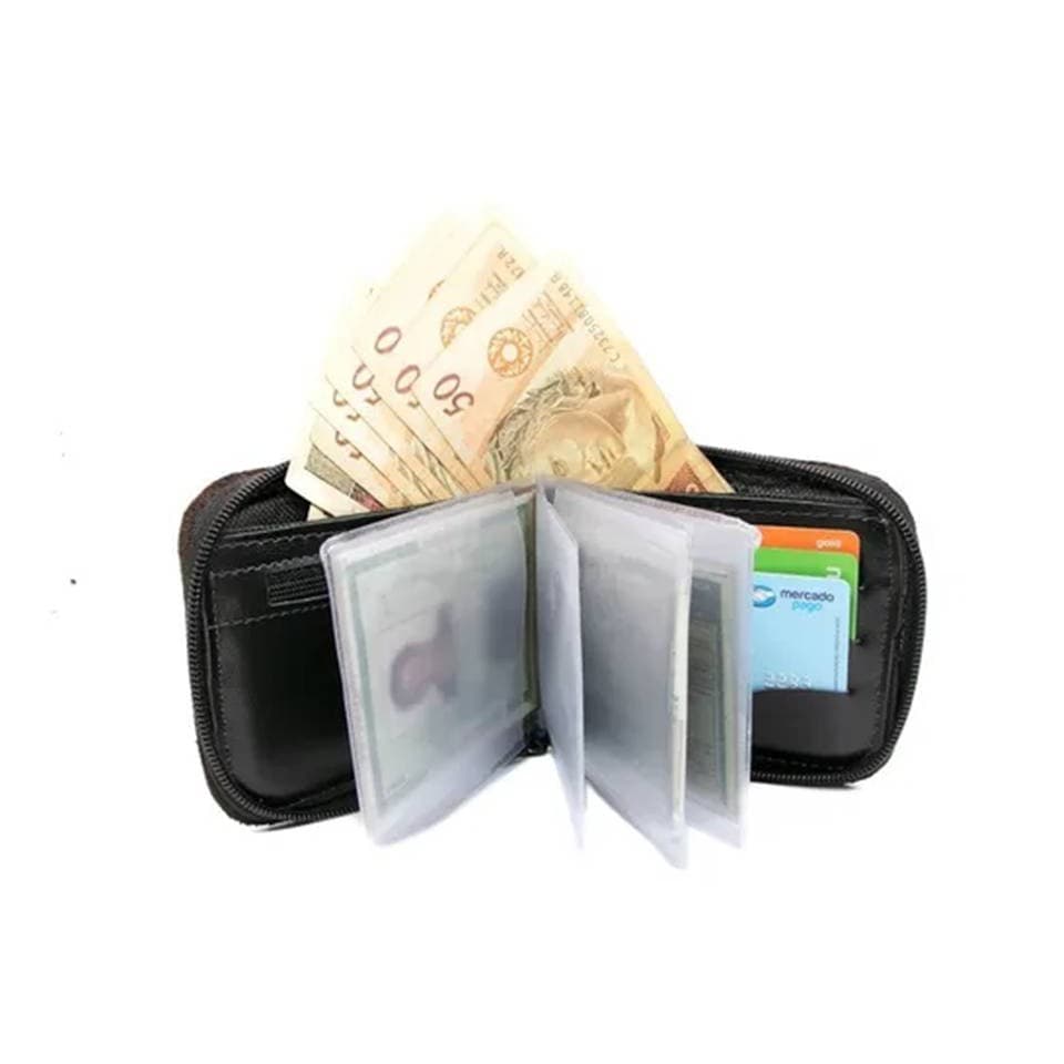Carteira Couro Legitimo com zíper, porta moeda e documentos