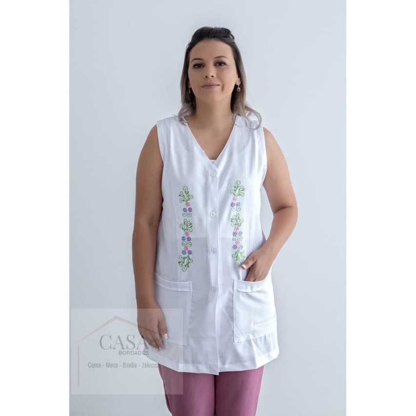 Jaleco  028 Feminino Branco Bordado Tecido Microfibra