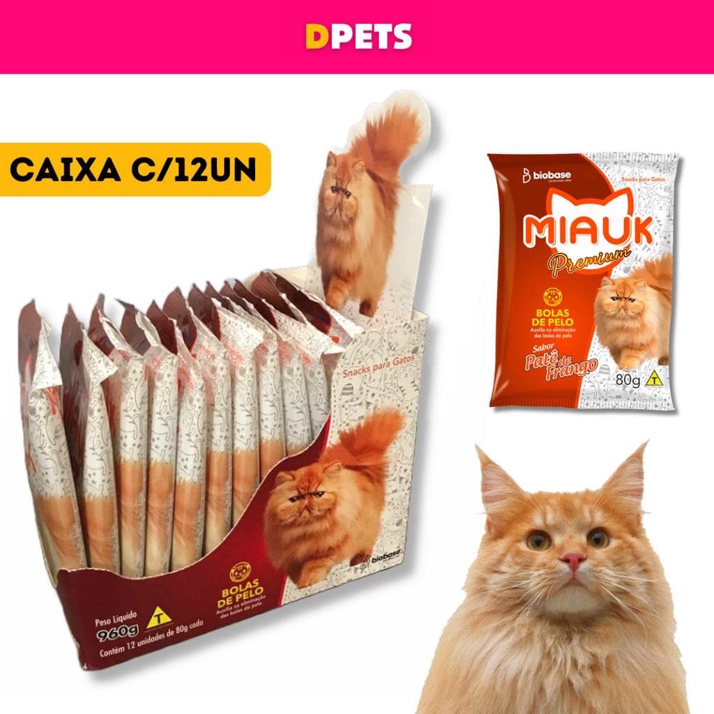 Petisco Miauk Pemium Caixa C/12un para Gatos Ajuda na Prevenção e Eliminação das Bolas de Pelo
