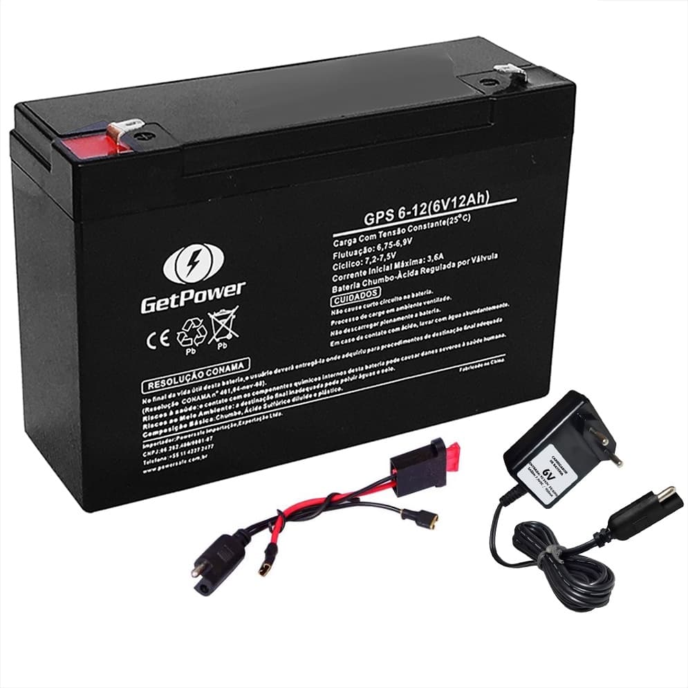 Kit Bateria 6V 12ah Get Power + Carregador Led + Chicote