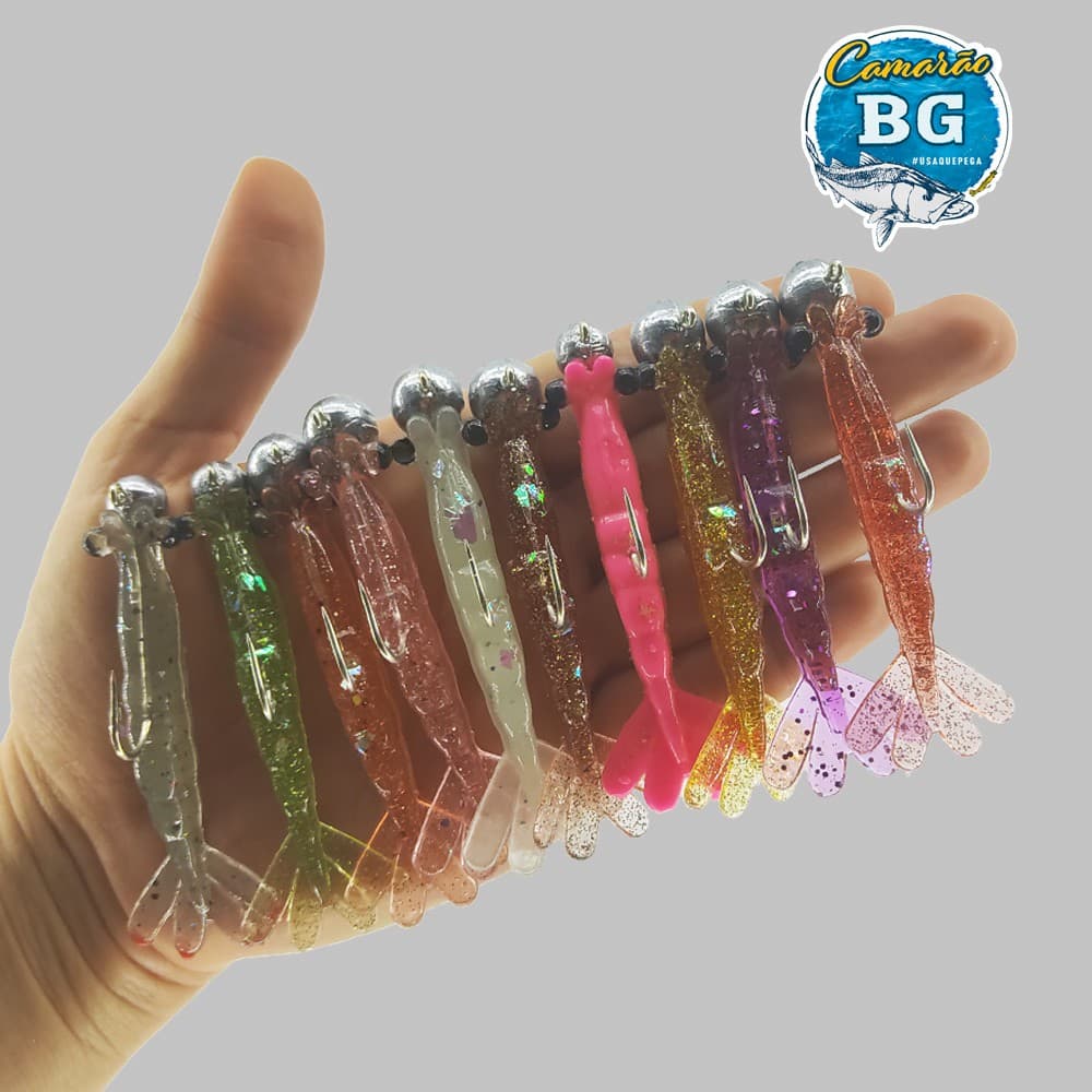 Kit Jig Head inox + Camarão Artificial Isca  Soft para pesca de praia, barranco e embarcado