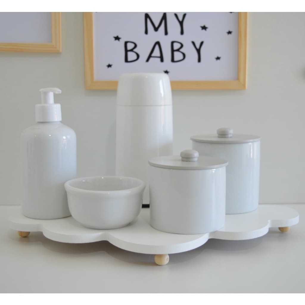 Kit Higiene Porcelanas K083 Bebê Moderno Bandeja Nuvem Branca Térmica 250 ml Promoção