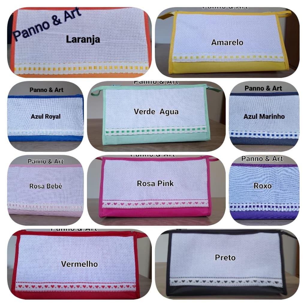 Kit10 Necessaires para Bordar em Ponto Cruz 7X12X21cm. Tem Etamine apenas num lado só.