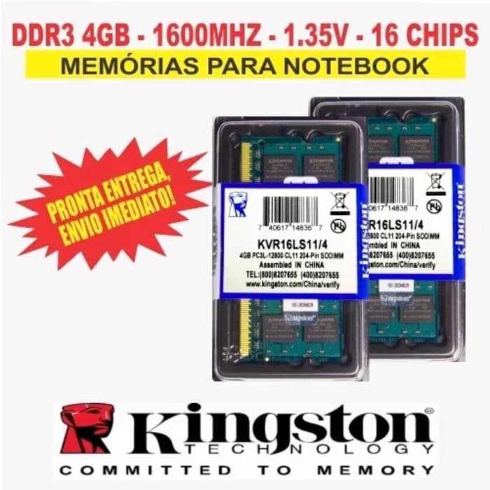 Memória  Kingston Ddr3 4gb 1600 Mhz Notebook 16 Chips 1.35v